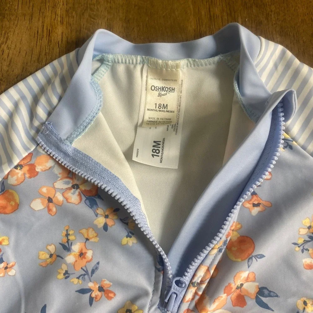 OshKosh B'gosh Swimsuit Kids Blue Floral‎ Long Sleeve Rash Guard SIZE 18M